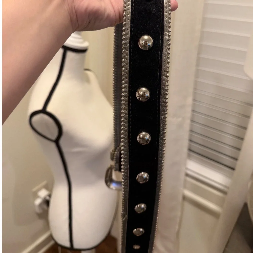 Black Faux Calf Hair Rhinestone Studded Western Belt Silver Buckle 38 Inch